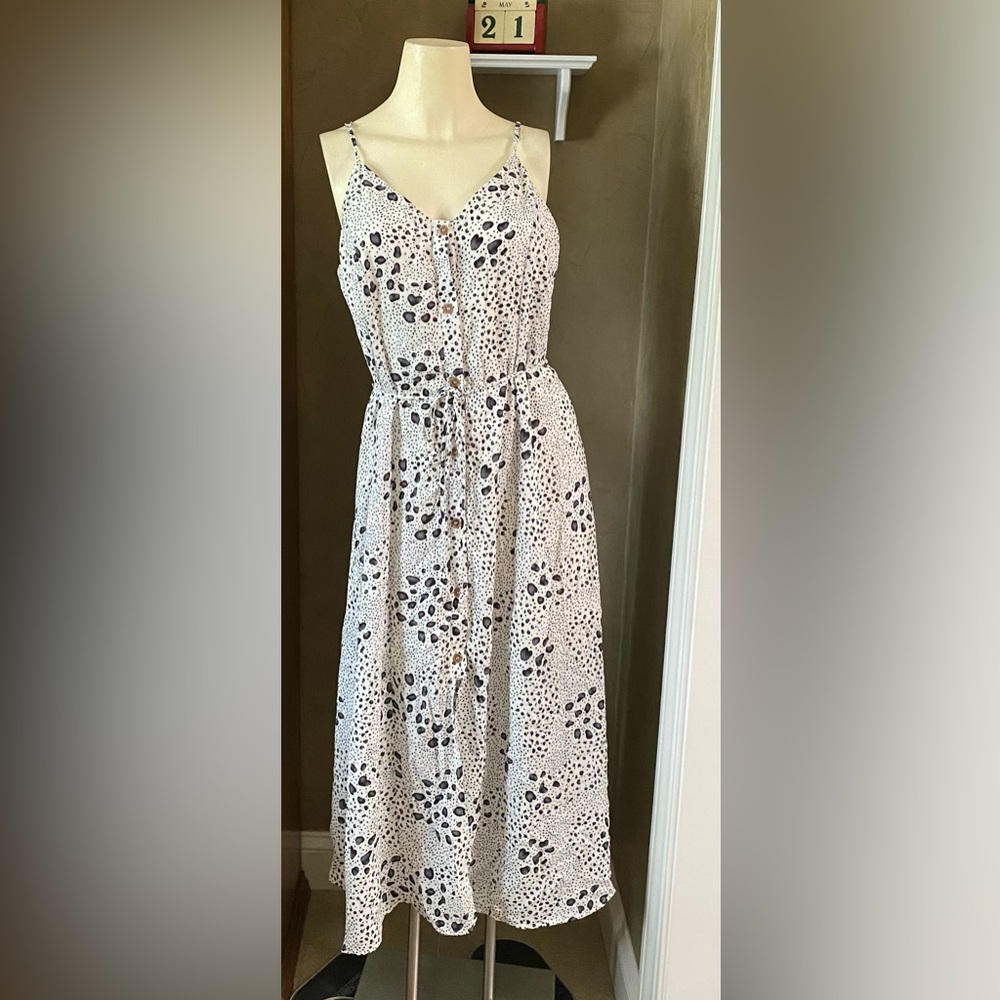 Sienna Sky Dress Black White Dot Dress Adjustable Spaghetti Strap Button Front L